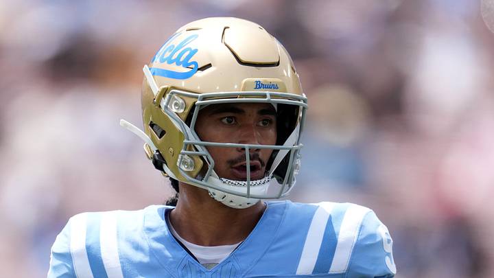 May 2, 2026; Pasadena, CA, USA; UCLA Bruins quarterback Nico Iamaleava (9) throws the ball during the spring game at Rose Bowl. Mandatory Credit: Kirby Lee-Imagn Images
