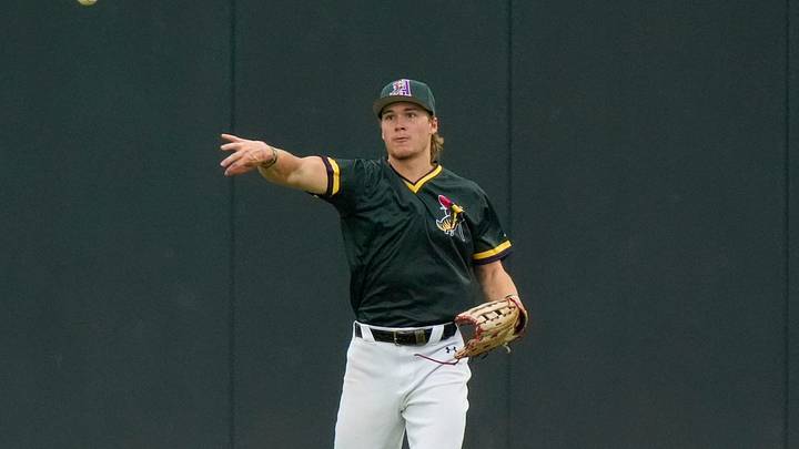 Aug 2, 2025; North Augusta, South Carolina, USA; GreenJacket outfielder Eric Hartman (17) throws the ball during the Augusta GreenJackets and Carolina Mudcats game at SRP Park. The GreenJackets won the fifth game of the series 5-3. Mandatory Credit: Katie Goodale - Augusta Chronicle/USA TODAY NETWORK