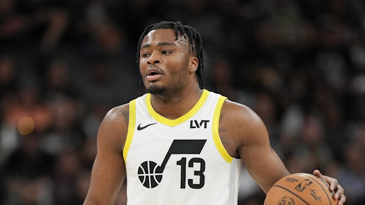 Nov 9, 2024; San Antonio, Texas, USA;  Utah Jazz guard Isaiah Collier (13) controls the ball in the first half against the San Antonio Spurs at Frost Bank Center. Mandatory Credit: Daniel Dunn-Imagn Images