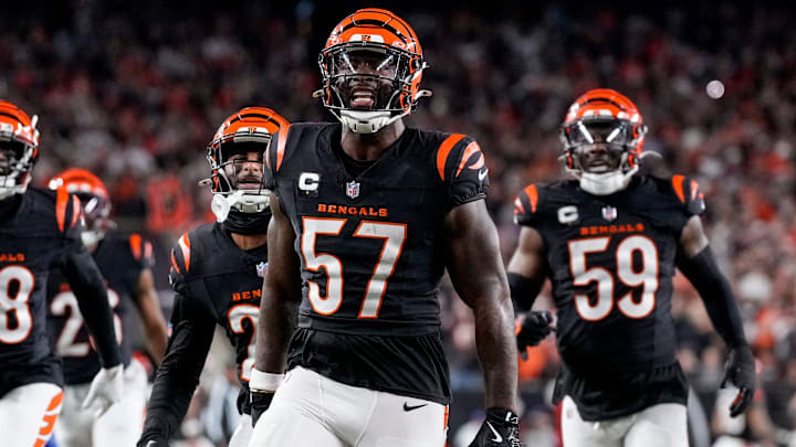 Cincinnati Bengals linebacker Germaine Pratt (57) celebrates an interception in the fourth quarter of the NFL Week 17 game between the Cincinnati Bengals and the Denver Broncos at Paycor Stadium in downtown Cincinnati on Saturday, Dec. 28, 2024. The Bengals took a 30-24 win in overtime to remain in the post season chase.