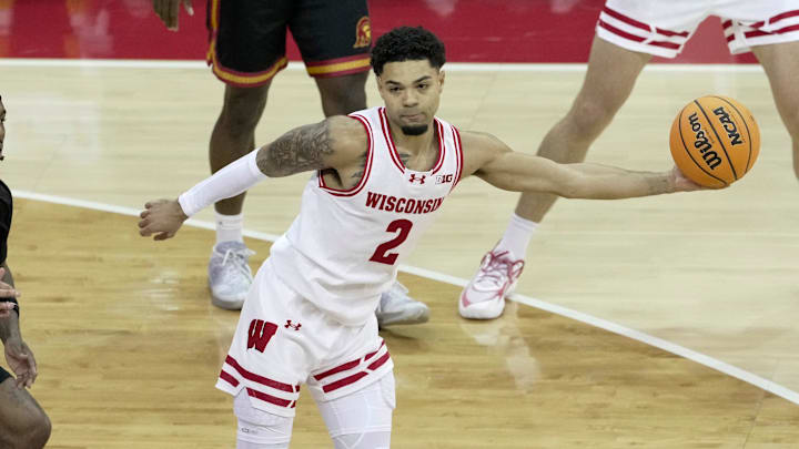Wisconsin guard Nick Boyd (2) passes the ball during the first half of their game against USC Sunday, January 25, 2026 at the Kohl Center in Madison, Wisconsin.