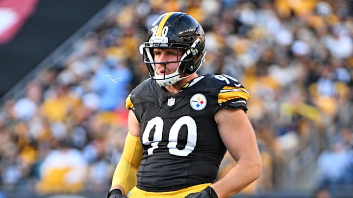 Nov 2, 2025; Pittsburgh, Pennsylvania, USA; Pittsburgh Steelers linebacker T.J. Watt (90) warms up at the start of the third quarter against the Indianapolis Colts at Acrisure Stadium. Mandatory Credit: Barry Reeger-Imagn Images