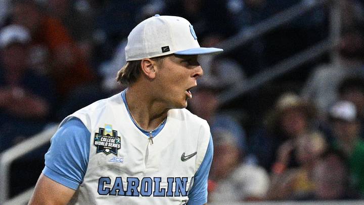 Jun 14, 2026; Omaha, NE, USA; North Carolina Tar Heels pitcher Caden Glauber (27) reacts to the win against the West Virginia Mountaineers at Charles Schwab Field. Mandatory Credit: Steven Branscombe-Imagn Images Jun 14, 2026; Omaha, NE, USA; North Carolina Tar Heels pitcher Caden Glauber (27) reacts to the win against the West Virginia Mountaineers at Charles Schwab Field. Mandatory Credit: Steven Branscombe-Imagn Images