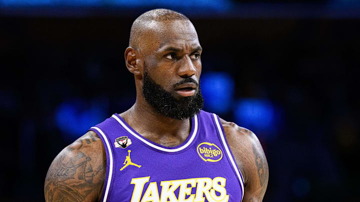 Mar 27, 2026; Los Angeles, California, USA; Los Angeles Lakers forward LeBron James (23) reacts during the first half against the Brooklyn Nets at Crypto.com Arena. Mandatory Credit: William Liang-Imagn Images