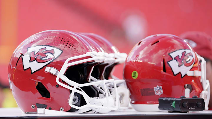 Aug 20, 2022; Kansas City, Missouri, USA; A general view of Kansas City Chiefs helmets against the Washington Commanders during the game at GEHA Field at Arrowhead Stadium. Mandatory Credit: Denny Medley-Imagn Images