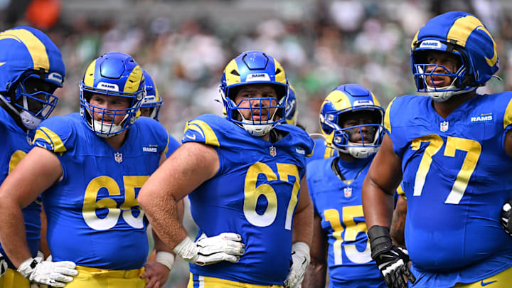 Los Angeles Rams center Coleman Shelton (65) and offensive lineman Justin Dedich (67). Mandatory Credit: Eric Hartline-Imagn Images Los Angeles Rams center Coleman Shelton (65) and offensive lineman Justin Dedich (67). Mandatory Credit: Eric Hartline-Imagn Images