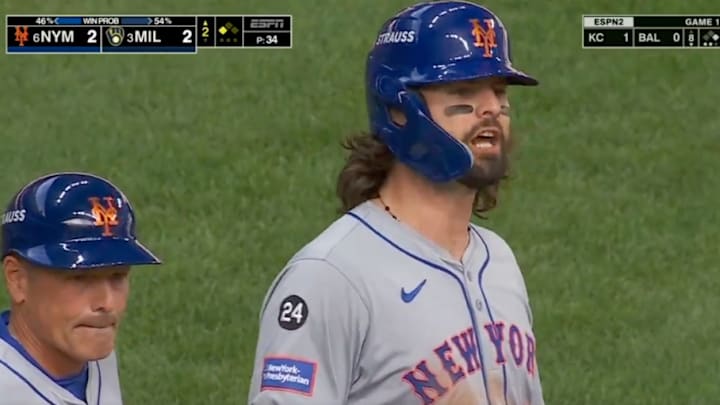 New York Mets outfielder Jesse Winker was fired up after his two-run game-tying triple, which led to a fair amount of trash talk in the direction of former teammate Willy Adames.