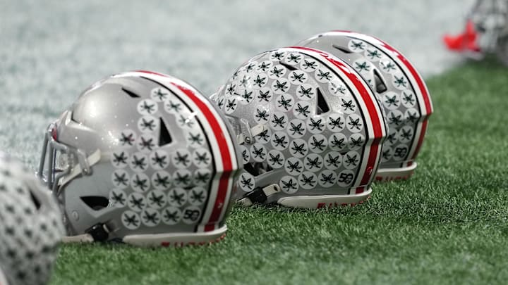 Jan 18, 2025; Atlanta, GA, USA; A Ohio State Buckeyes helmets on the field during practice at Mercedes-Benz Stadium. Mandatory Credit: Kirby Lee-Imagn Images