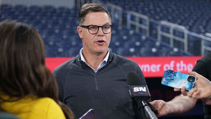 May 18, 2024; Toronto, Ontario, CAN; Toronto Blue Jays general manager Ross Atkins addresses the media before a game against the Tampa Bay Rays at Rogers Centre. Mandatory Credit: Nick Turchiaro-Imagn Images