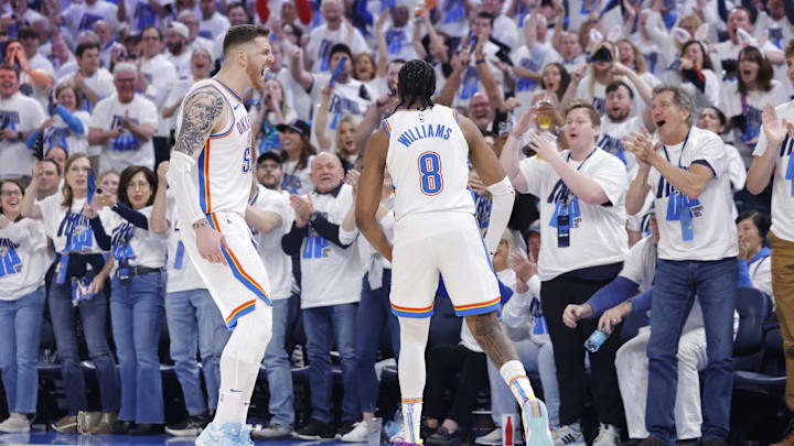 Apr 20, 2025; Oklahoma City, Oklahoma, USA; Oklahoma City Thunder center Isaiah Hartenstein (55) and forward Jalen Williams (8) celebrate against the Memphis Grizzlies during the second quarter at Paycom Center. Mandatory Credit: Alonzo Adams-Imagn Images