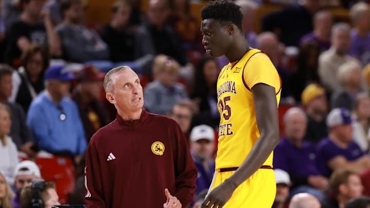 Jan 10, 2026; Tempe, Arizona, USA; Arizona State Sun Devils head coach Bobby Hurley with center Massamba Diop (35) against the Kansas State Wildcats in the second half at Desert Financial Arena. Mandatory Credit: Mark J. Rebilas-Imagn Images Jan 10, 2026; Tempe, Arizona, USA; Arizona State Sun Devils head coach Bobby Hurley with center Massamba Diop (35) against the Kansas State Wildcats in the second half at Desert Financial Arena. Mandatory Credit: Mark J. Rebilas-Imagn Images
