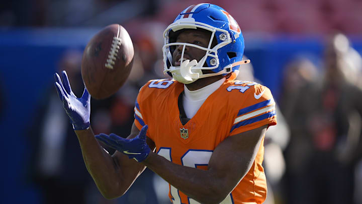 Jan 5, 2025; Denver, Colorado, USA; Denver Broncos wide receiver Marvin Mims Jr. (19) before the game against the Kansas City Chiefs at Empower Field at Mile High. 