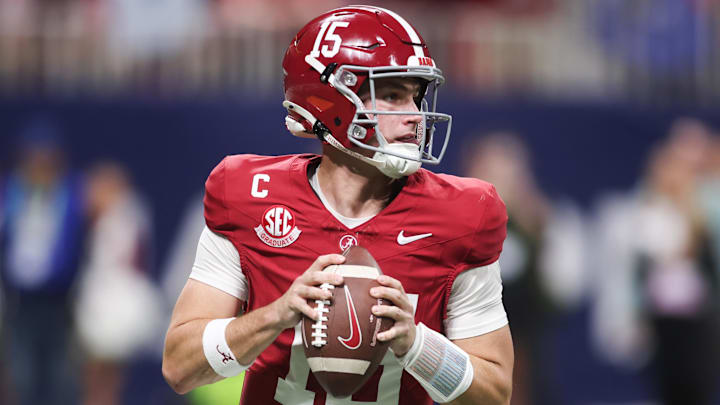 Dec 6, 2025; Atlanta, GA, USA; Alabama Crimson Tide quarterback Ty Simpson (15) looks to pass during the fourth quarter against the Georgia Bulldogs during the 2025 SEC Championship game at Mercedes-Benz Stadium. Mandatory Credit: Brett Davis-Imagn Images