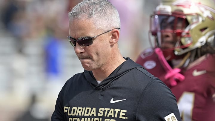 Oct 11, 2025; Tallahassee, Florida, USA; Florida State Seminoles head coach Mike Norvell after losing the game to the Pittsburgh Panthers at Doak S. Campbell Stadium. Mandatory Credit: Melina Myers-Imagn Images