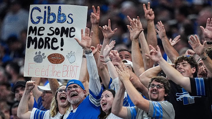 Detroit Lions fans cheer on against Chicago Bears during the first half at Ford Field in Detroit on Sunday, Sept. 14, 2025.