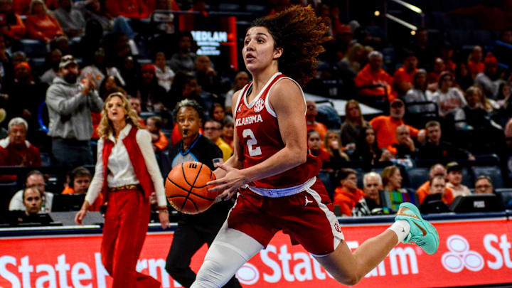 Oklahoma guard Aaliyah Chavez drives against Oklahoma State.