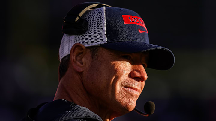Nov 15, 2025; East Hartford, Connecticut, USA; UConn Huskies head coach Jim Mora watches from the sideline as they take on the Air Force Falcons at Pratt & Whitney Stadium at Rentschler Field. Mandatory Credit: David Butler II-Imagn Images