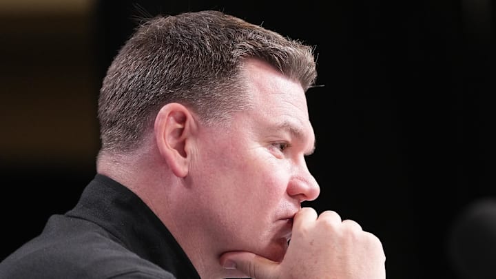 Apr 2, 2026; Indianapolis, IN, USA; Arizona head coach Tommy Lloyd during a press conference ahead of the Final Four of the men's 2026 NCAA Tournament at Lucas Oil Stadium. Mandatory Credit: Robert Deutsch-Imagn Images