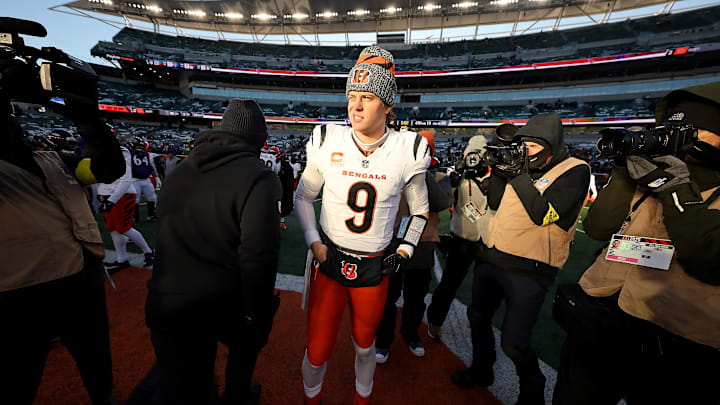 Dec 14, 2025; Cincinnati, Ohio, USA; Cincinnati Bengals quarterback Joe Burrow (9) looks on after the game against the Baltimore Ravens at Paycor Stadium. Mandatory Credit: Joseph Maiorana-Imagn Images Dec 14, 2025; Cincinnati, Ohio, USA; Cincinnati Bengals quarterback Joe Burrow (9) looks on after the game against the Baltimore Ravens at Paycor Stadium. Mandatory Credit: Joseph Maiorana-Imagn Images