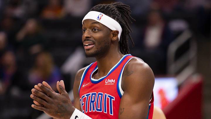 Mar 4, 2022; Detroit, Michigan, USA; Detroit Pistons forward Jerami Grant (9) reacts after a call during the first quarter against the Indiana Pacers at Little Caesars Arena. Mandatory Credit: Raj Mehta-Imagn Images