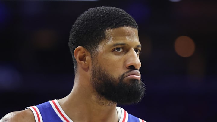 Jan 27, 2026; Philadelphia, Pennsylvania, USA; Philadelphia 76ers forward Paul George (8) looks on after a score against the Milwaukee Bucks during the fourth quarter at Xfinity Mobile Arena. Mandatory Credit: Bill Streicher-Imagn Images