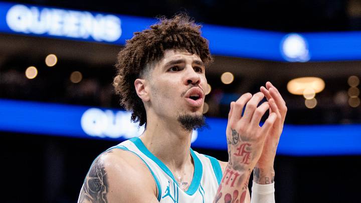 Charlotte Hornets guard LaMelo Ball (1) reacts to a foul during the third quarter against the Cleveland Cavaliers at Spectrum Center on March 7, 2025.