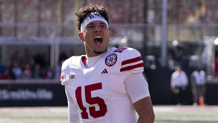 Oct 19, 2024; Bloomington, Indiana, USA; Nebraska Cornhuskers quarterback Dylan Raiola (15) performs his pregame celebration before a game against the Indiana Hoosiers at Memorial Stadium. Oct 19, 2024; Bloomington, Indiana, USA; Nebraska Cornhuskers quarterback Dylan Raiola (15) performs his pregame celebration before a game against the Indiana Hoosiers at Memorial Stadium.