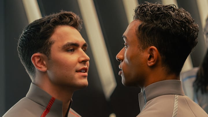 George Hawkins as Darem and Sandro Rosta as Caleb in Star Trek: Starfleet Academy, episode 1, season 1, streaming on Paramount+, 2025. Photo Credit: Brooke Palmer/Paramount+. George Hawkins as Darem and Sandro Rosta as Caleb in Star Trek: Starfleet Academy, episode 1, season 1, streaming on Paramount+, 2025. Photo Credit: Brooke Palmer/Paramount+.