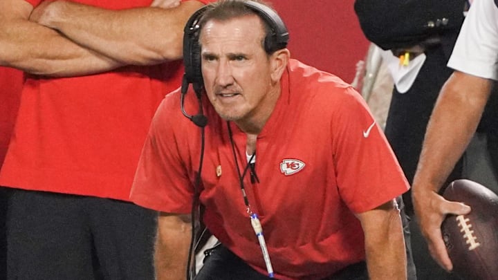 Sep 7, 2023; Kansas City, Missouri, USA; Kansas City Chiefs defensive coordinator Steve Spagnuolo watches play against the Detroit Lions during the game at GEHA Field at Arrowhead Stadium.