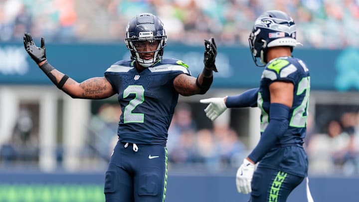 Sep 22, 2024; Seattle, Washington, USA; Seattle Seahawks safety Rayshawn Jenkins (2) celebrates during the second quarter against Miami Dolphins at Lumen Field. Mandatory Credit: Kevin Ng-Imagn Images Sep 22, 2024; Seattle, Washington, USA; Seattle Seahawks safety Rayshawn Jenkins (2) celebrates during the second quarter against Miami Dolphins at Lumen Field. Mandatory Credit: Kevin Ng-Imagn Images