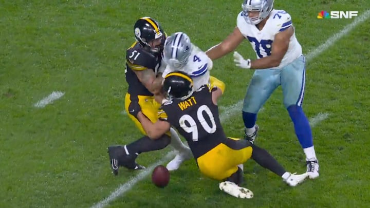 Pittsburgh Steelers linebacker T.J. Watt sacks Dallas Cowboys quarterback Dak Prescott.