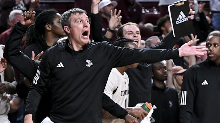Texas A&M Aggies head coach Bucky McMillan reacts during the second half against the Ole Miss Rebels at Reed Arena. Texas A&M Aggies head coach Bucky McMillan reacts during the second half against the Ole Miss Rebels at Reed Arena.