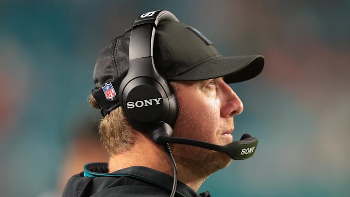 Aug 23, 2025; Miami Gardens, Florida, USA; Jacksonville Jaguars head coach Liam Coen watches from the sideline against the Miami Dolphins during the fourth quarter at Hard Rock Stadium. Mandatory Credit: Sam Navarro-Imagn Images