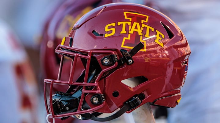Nov 9, 2024; Kansas City, Missouri, USA; Iowa State Cyclones helmets on the bench during the first quarter against the Kansas Jayhawks at GEHA Field at Arrowhead Stadium. 