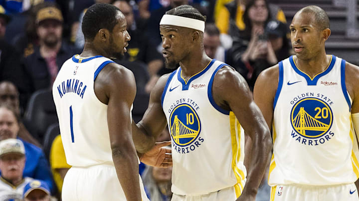 Oct 8, 2025; San Francisco, California, USA; Golden State Warriors forward Jimmy Butler III (10) reacts towards forward Jonathan Kuminga (1) during the second quarter against the Portland Trail Blazers at Chase Center. Mandatory Credit: John Hefti-Imagn Images Oct 8, 2025; San Francisco, California, USA; Golden State Warriors forward Jimmy Butler III (10) reacts towards forward Jonathan Kuminga (1) during the second quarter against the Portland Trail Blazers at Chase Center. Mandatory Credit: John Hefti-Imagn Images