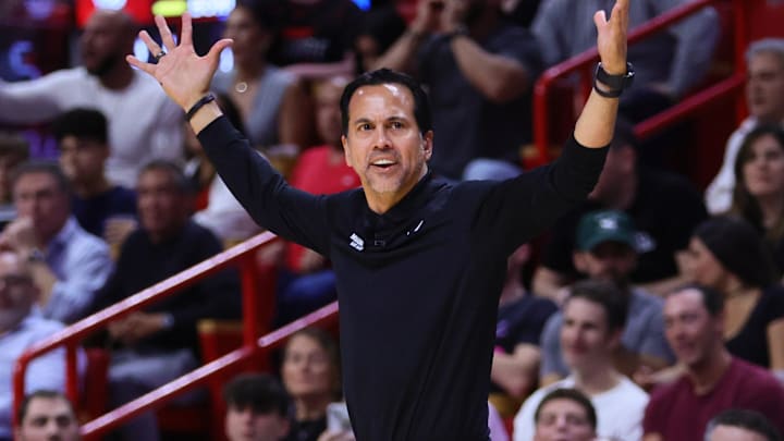 Apr 10, 2024; Miami, Florida, USA; Miami Heat head coach Erik Spoelstra reacts during the first quarter against the Dallas Mavericks at Kaseya Center. Mandatory Credit: Sam Navarro-Imagn Images