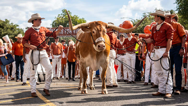 Texas mascot Bevo walks down Bevo Boulevard in a parade ahead of the Texas Longhorns' game against the ULM Warhawks at Darrell K Royal Texas Memorial Stadium in Austin, Sept. 21, 2024. Texas mascot Bevo walks down Bevo Boulevard in a parade ahead of the Texas Longhorns' game against the ULM Warhawks at Darrell K Royal Texas Memorial Stadium in Austin, Sept. 21, 2024.