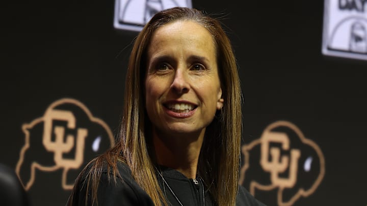 Oct 21, 2025; Kansas City, MO, USA; Colorado head coach JR Payne speaks to media during Big 12 Womenís Basketball Media Day at T-Mobile Center.