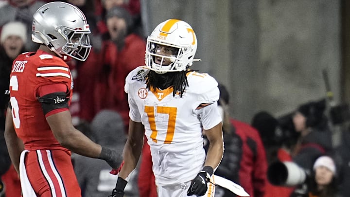 Dec 21, 2024; Columbus, Ohio, USA; Ohio State Buckeyes cornerback Jermaine Mathews Jr. (24) reacts after a pass break up intended for Tennessee Volunteers wide receiver Chris Brazzell II (17) during the first half of a College Football Playoff first round game at Ohio Stadium. Mandatory Credit: Adam Cairns-Imagn Images