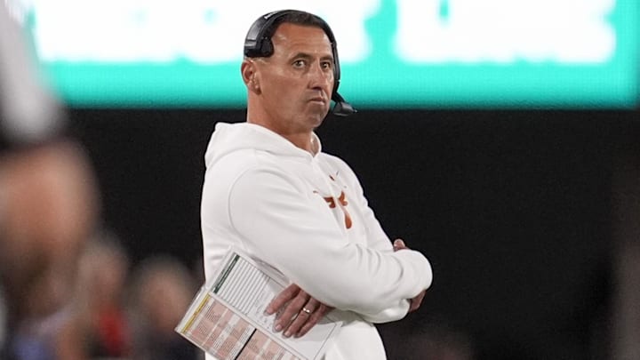 Texas Longhorns head coach Steve Sarkisian looks on in the first half against the Georgia Bulldogs  at Sanford Stadium.