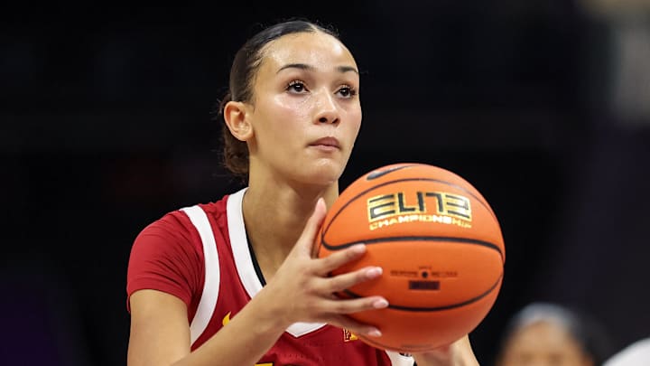 Nov 9, 2025; Charlotte, North Carolina, USA; Southern California Trojans guard Jazzy Davidson (9) makes a free throw against the NC State Wolfpack during the third quarter of the Ally Tipoff game at Spectrum Center. Mandatory Credit: Cory Knowlton-Imagn Images