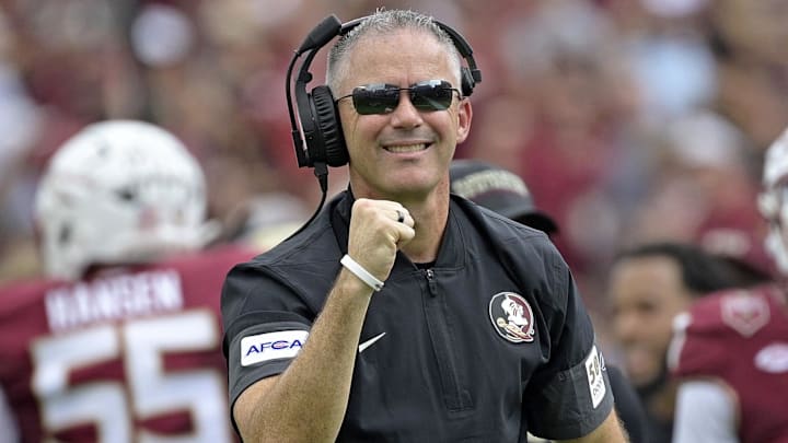 Sep 20, 2025; Tallahassee, Florida, USA; Florida State Seminoles head coach Mike Norvell reacts after a touchdown during the first half against the Kent State Golden Flashes at Doak S. Campbell Stadium. Mandatory Credit: Melina Myers-Imagn Images