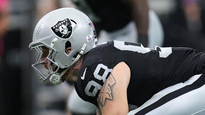 Oct 18, 2026; Paradise, Nevada, USA; Las Vegas Raiders defensive end Maxx Crosby (98) prepares for the snap in the first quarter against the Buffalo Bills at Allegiant Stadium. Mandatory Credit: David Brytus-Imagn Images Oct 18, 2026; Paradise, Nevada, USA; Las Vegas Raiders defensive end Maxx Crosby (98) prepares for the snap in the first quarter against the Buffalo Bills at Allegiant Stadium. Mandatory Credit: David Brytus-Imagn Images