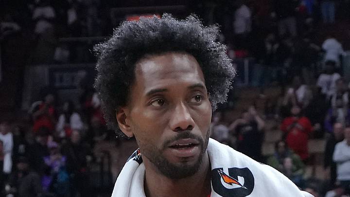 Toronto Raptors forward Kawhi Leonard speaks to the media after a game against the Chicago Bulls at Scotiabank Arena.