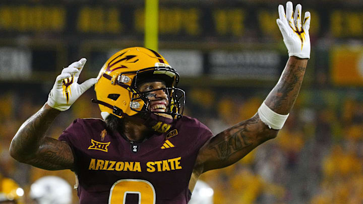 Arizona State wide receiver Jordyn Tyson (0) waves to fans after a reception against NAU during a game at Mountain America Stadium in Tempe on Aug. 30, 2025.