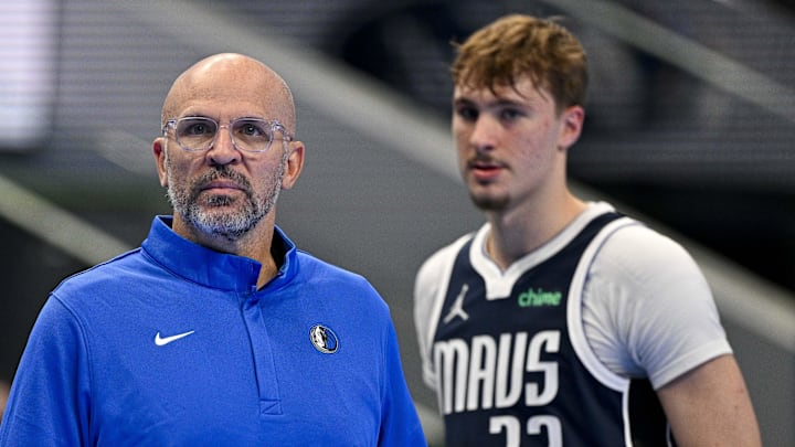 Nov 14, 2025; Dallas, Texas, USA; Dallas Mavericks head coach Jason Kidd and forward Cooper Flagg (32) look on during the second quarter against the LA Clippers in an NBA Cup game at the American Airlines Center. Mandatory Credit: Jerome Miron-Imagn Images Nov 14, 2025; Dallas, Texas, USA; Dallas Mavericks head coach Jason Kidd and forward Cooper Flagg (32) look on during the second quarter against the LA Clippers in an NBA Cup game at the American Airlines Center. Mandatory Credit: Jerome Miron-Imagn Images