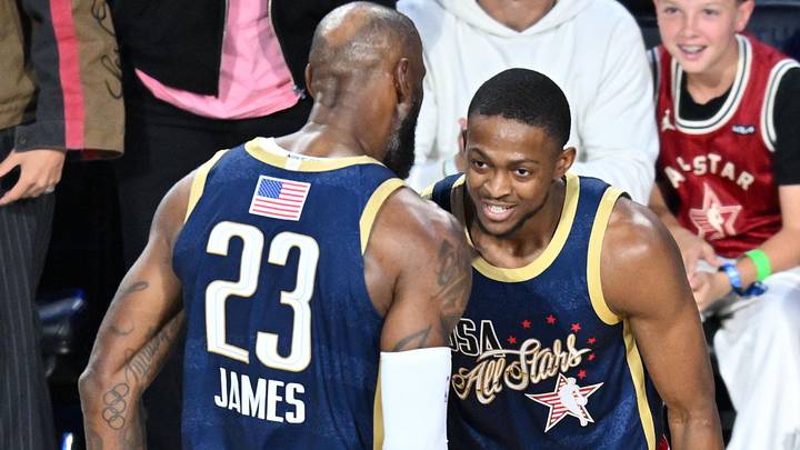 Feb 15, 2026; Inglewood, California, USA; Team USA Stripes guard De'Aaron Fox of the San Antonio Spurs (4) celebrates with forward LeBron James (23) of the Los Angeles Lakers after scoring a game winning shot in game two against Team Stars during the 75th NBA All Star Game at Intuit Dome. Mandatory Credit: William Liang-Imagn Images