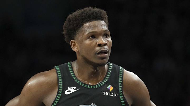 May 8, 2026; Minneapolis, Minnesota, USA; Minnesota Timberwolves guard Anthony Edwards (5) against the San Antonio Spurs in the first half during game three of the second round of the 2026 NBA Playoffs at Target Center. Mandatory Credit: Jesse Johnson-Imagn Images
