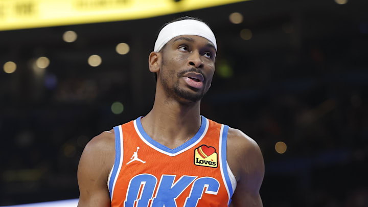 Jan 25, 2026; Oklahoma City, Oklahoma, USA; Oklahoma City Thunder guard Shai Gilgeous-Alexander (2) reacts after a play against the Toronto Raptors during the second half at Paycom Center. Mandatory Credit: Alonzo Adams-Imagn Images