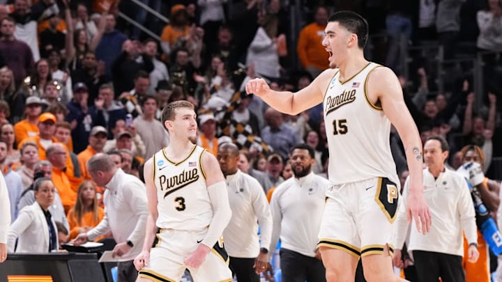 Purdue Boilermakers guard Braden Smith (3) and Purdue Boilermakers center Zach Edey (15)